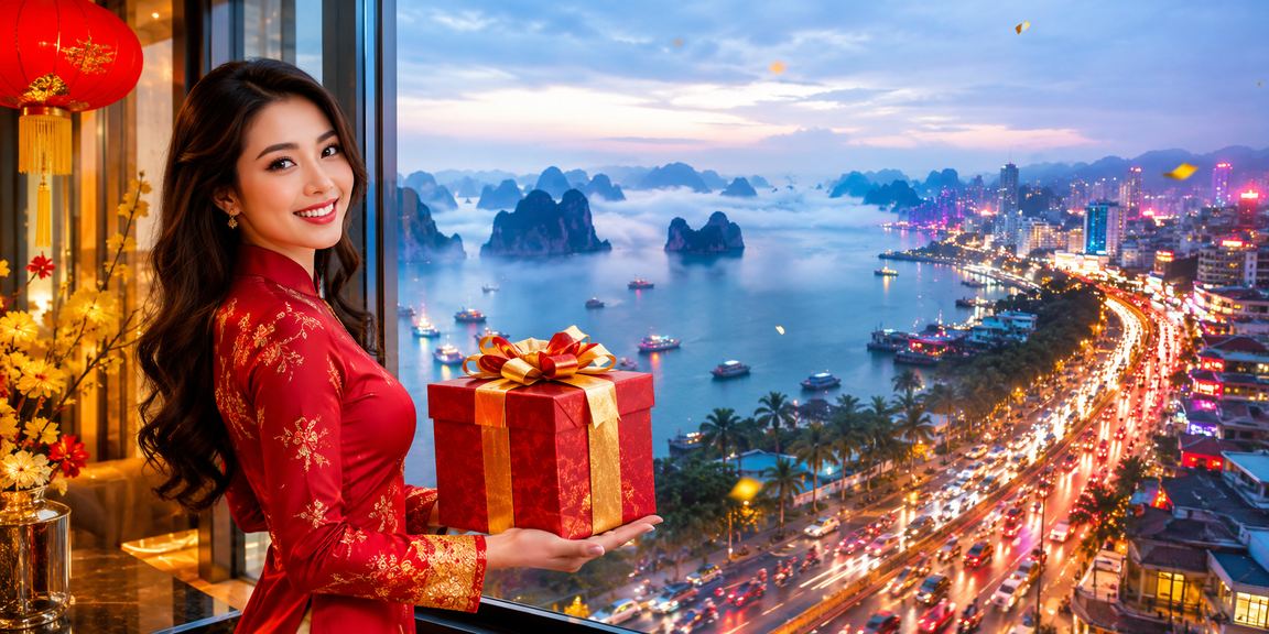 Vịnh Hạ Long về đêm với ánh đèn neon phản chiếu lên mặt nước – biểu tượng của trải nghiệm giải trí hiện đại