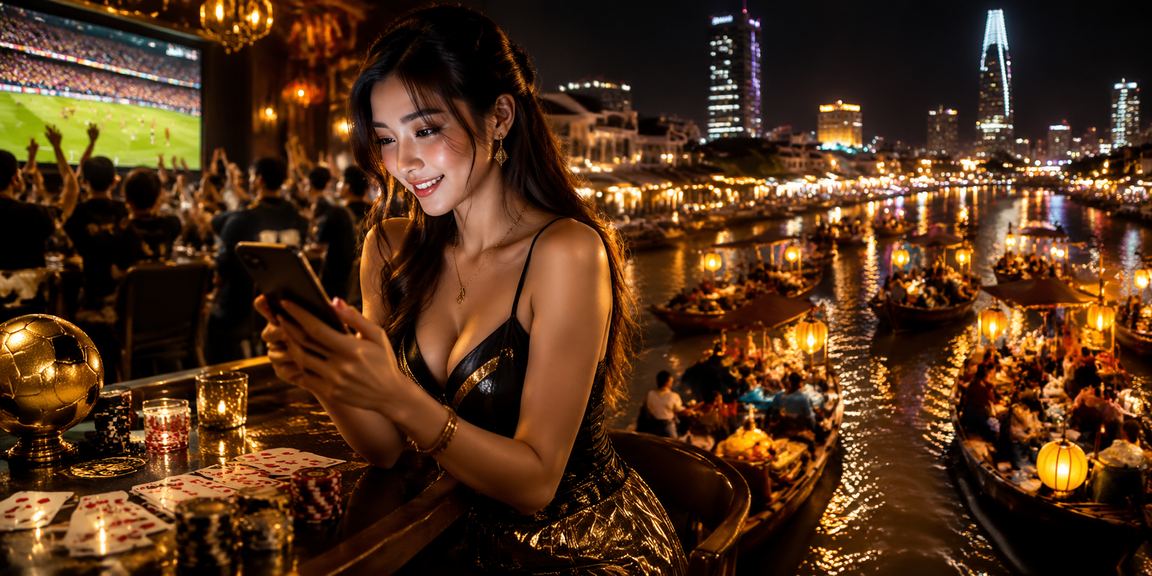 Màn hình neon đêm Hồ Chí Minh hiển thị giao diện trò chơi bài trực tuyến