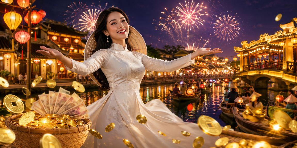 Người phụ nữ Huế đội nón lá sử dụng điện thoại để nhận cashback và kiểm tra ưu đãi khuyến mãi trực tuyến